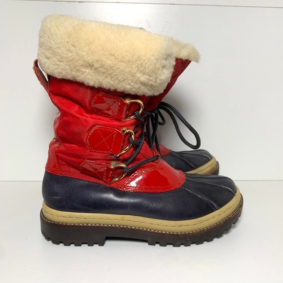 Tory Burch Duck Rain Lace Up Waterproof Boots Navy Red 5 - Picture 2 of 9